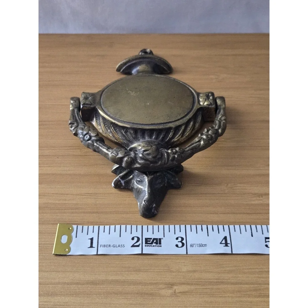 Vintage Neoclassical Solid Brass Door Knocker With Ram Head And Blank Cartouche